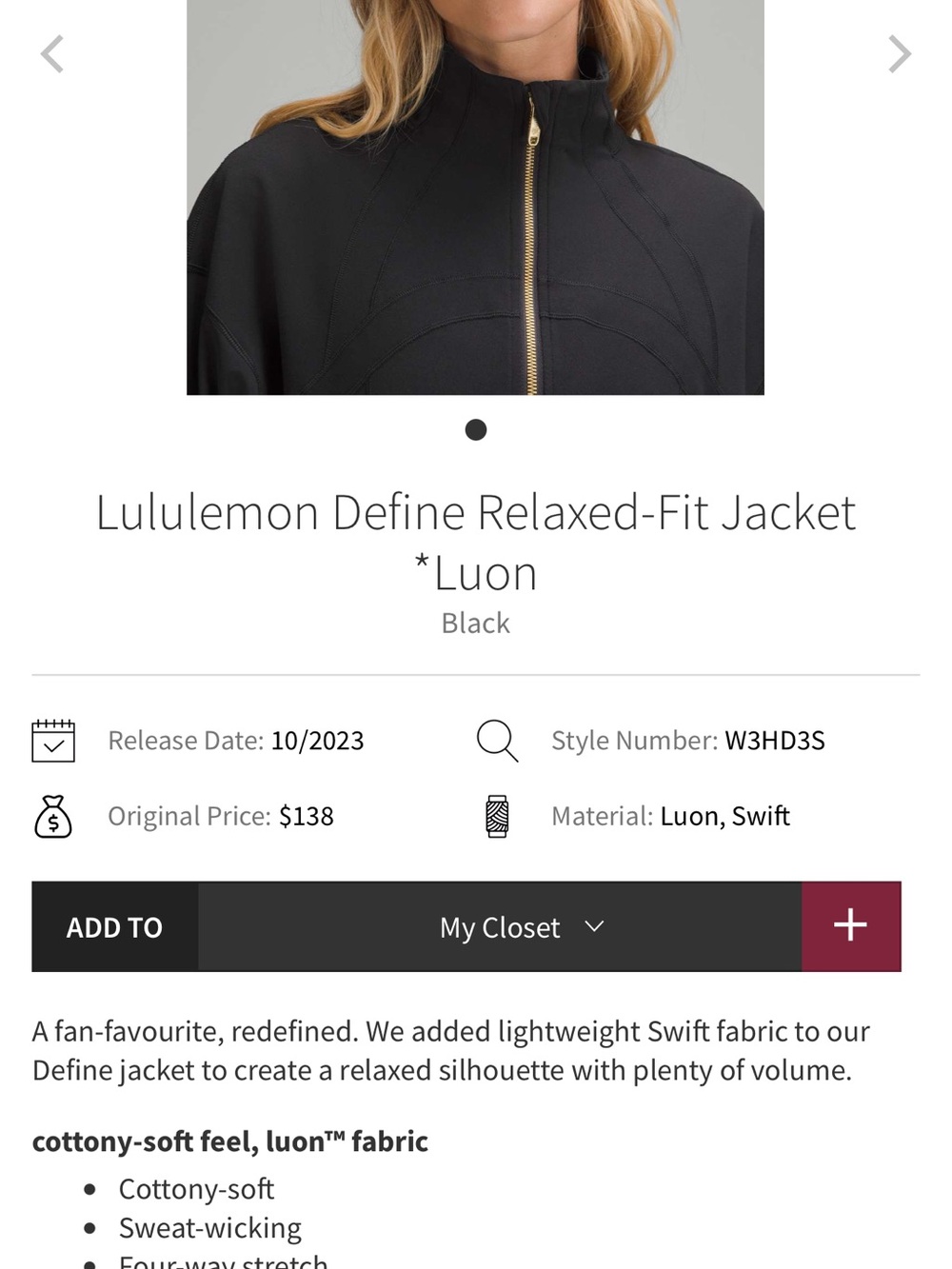 Lululemon Relaxed Define Black w/ Gold Zip Size 4 EUC - Picture 7 of 7